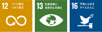 12：つくる責任つかう責任 13；気候変動に具体的な対策を 16：平和と公正をすべての人に