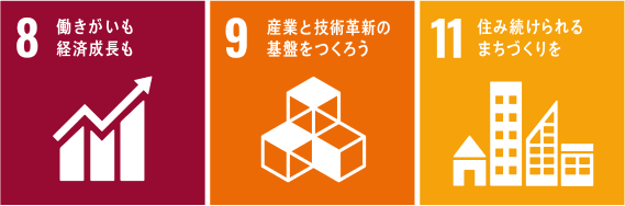 8：働きがいも経済成長も 9；産業と技術革新の基盤をつくろう 11：住み続けられるまちづくりを